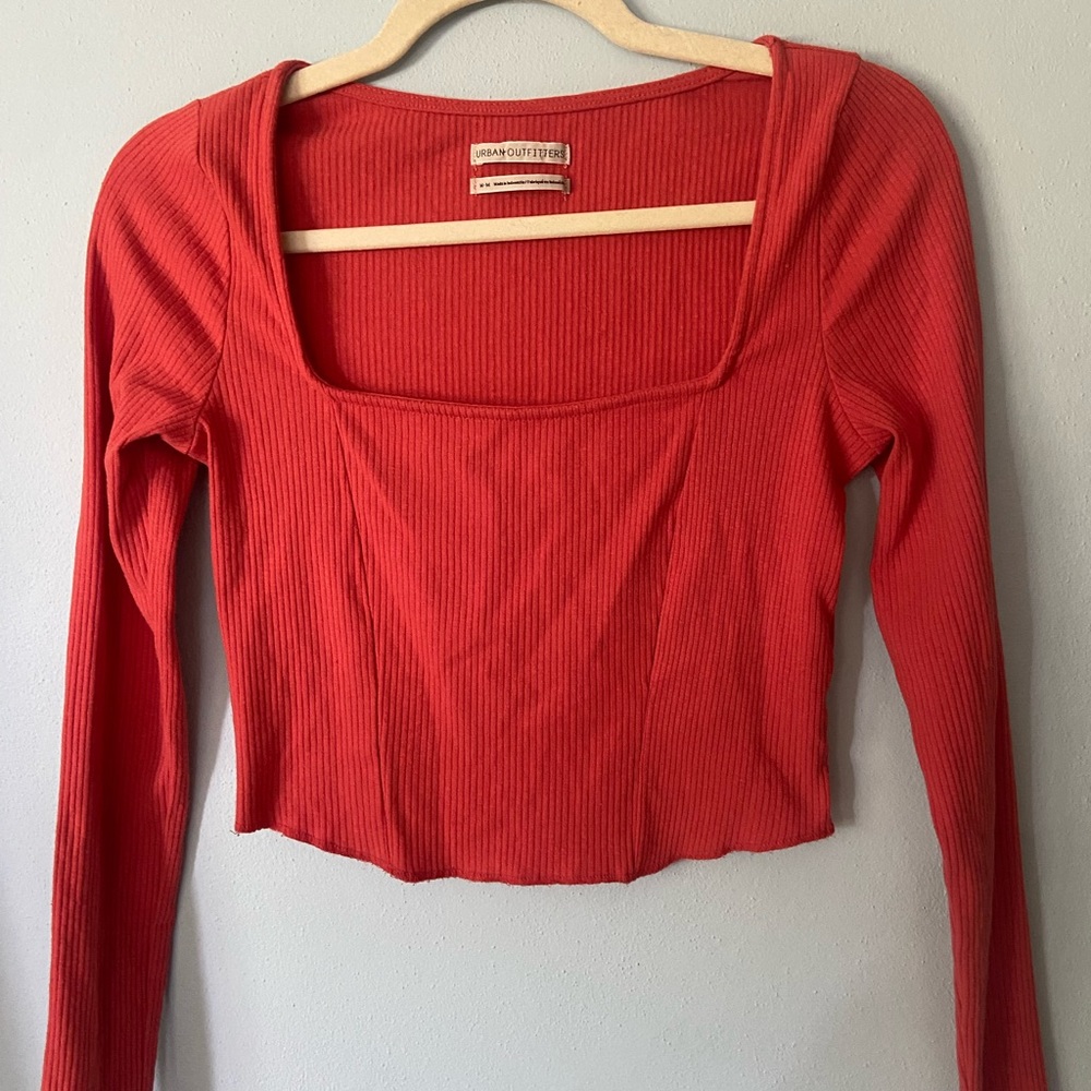 Urban Outfitters Orange Long Sleeve Square Neck Ribbed Crop Top